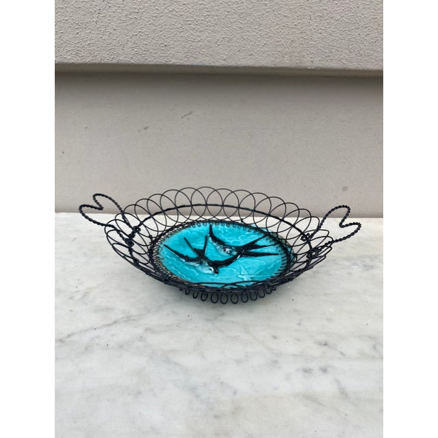 Lovely German wire basket aqua plate with swallows, circa 1900.