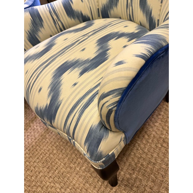 Blue Custom Pair of Wingback Chairs Upholstered in Toile De Nantes & Colefax & Fowler Velvet in Blue & White For Sale - Image 8 of 11