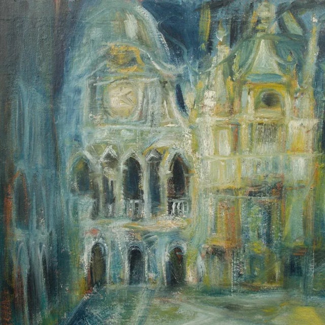 Expressionism A Large Oil on Masonite Painting Depicting a City View Painting Featuring a Clock Tower. Unsigned. For Sale - Image 3 of 12