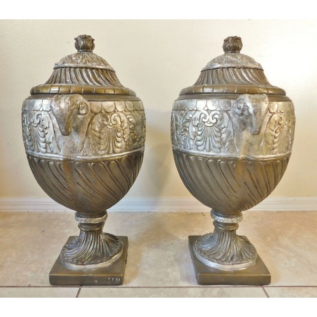 Large Pair Vintage Outdoor Hilda Flack Gold & Silver Resin Ram's Head Statue Urns For Sale In West Palm - Image 6 of 12