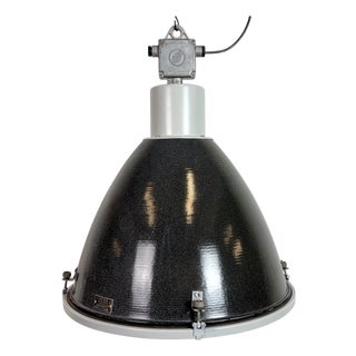 Large Industrial Enamel Factory Pendant Lamp with Glass Cover from Elektrosvit, 1960s For Sale