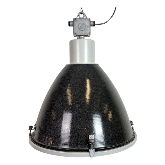 Large Industrial Enamel Factory Pendant Lamp with Glass Cover from Elektrosvit, 1960s For Sale