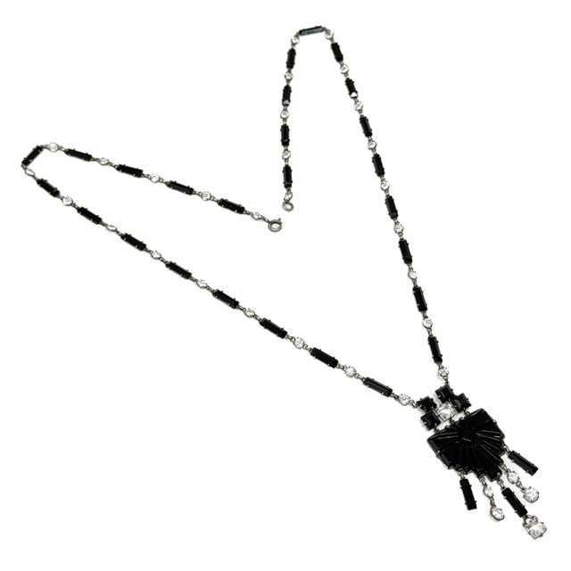 1920s Czechoslovakian Art Deco Black Glass and Crystal Geometric Pendant Necklace, 1920s For Sale - Image 5 of 11