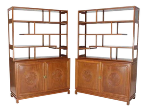 1990s Asian Solid Teak Étagère/Double Carved Door Cabinets - a Pair