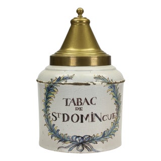 19th Century French Faience Blue and White Ceramic Tabac Tobacco Jar, 1870 For Sale
