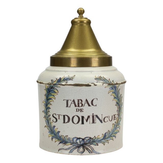 19th Century French Faience Blue and White Ceramic Tabac Tobacco Jar, 1870 For Sale