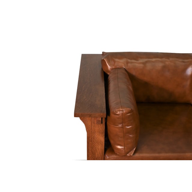 Mission Crafters and Weavers Mission Crofter Sofa, Solid Quarter Sawn Oak and Leather Cushions in Russet Leather For Sale - Image 3 of 6