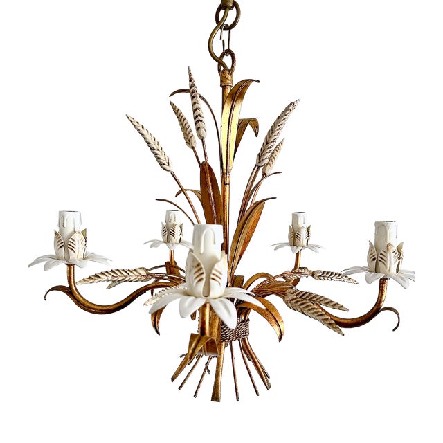 Vintage Gilt Wheat Sheaf Chandelier with White Floral Details, France, 1960s For Sale