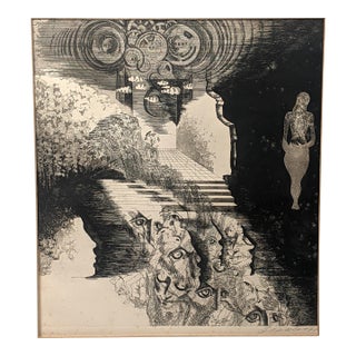 Original Pencil Signed Surrealist Etching on Paper, Dreamlike Symbolist Composition, Mid-20th Century For Sale