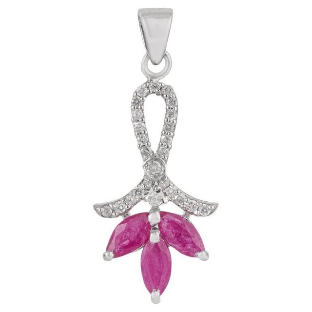 Three Stone Marquise Ruby & Diamond Pave Bail Pendant in Sterling Silver - Carat and her For Sale - Image 11 of 15
