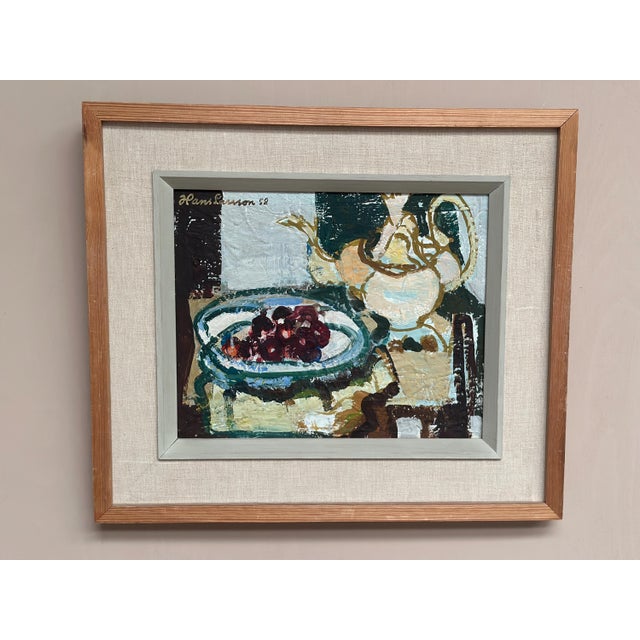 Hans Larsson, Fruits and Teapot, 1952, Oil Painting on Panel, Framed For Sale - Image 8 of 13