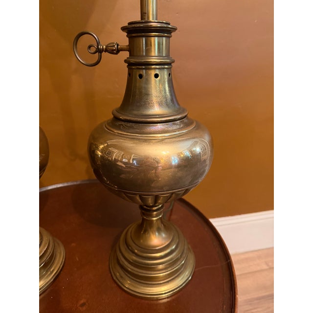 Pair Vintage Stiffel Brass Oil Lamp Style W/ Milk Glass Hollywood Regency Table Lamps W/ Additional Original Shades For Sale - Image 6 of 15
