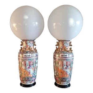 Pair of Large Table Lamps Made From Antique 19th Century Porcelain Vases Custom Made Globe Lamps
