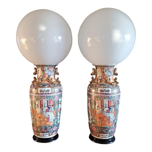 Pair of Large Table Lamps Rose Medallion 19th Century Porcelain Palace Vases Custom Made Globe Lamps For Sale
