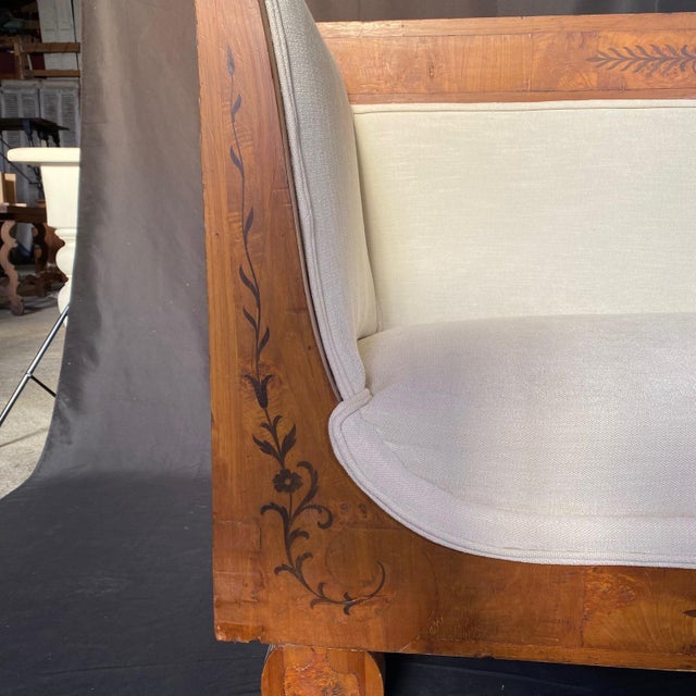 Antique French Neoclassical Biedermeier Style Marquetry Burled Walnut Sofa For Sale - Image 9 of 12