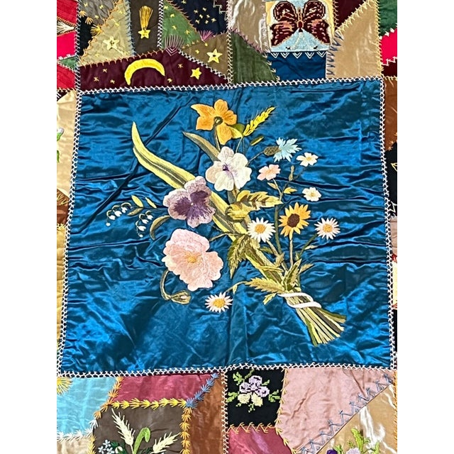 Victorian Antique Handmade Blue Silk Velvet Needlepoint Embroidery Painted Crazy Quilt For Sale - Image 3 of 9