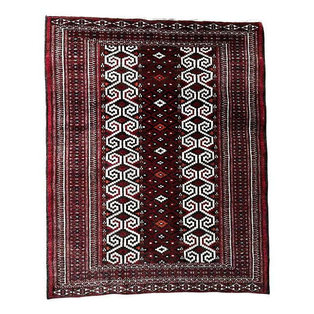 Handwoven Red and Burgundy Geometric Rug with Ivory Fringes, 1990s For Sale