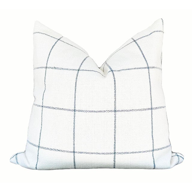 Blue and White Windowpane Check Pillows - A Pair For Sale - Image 4 of 4