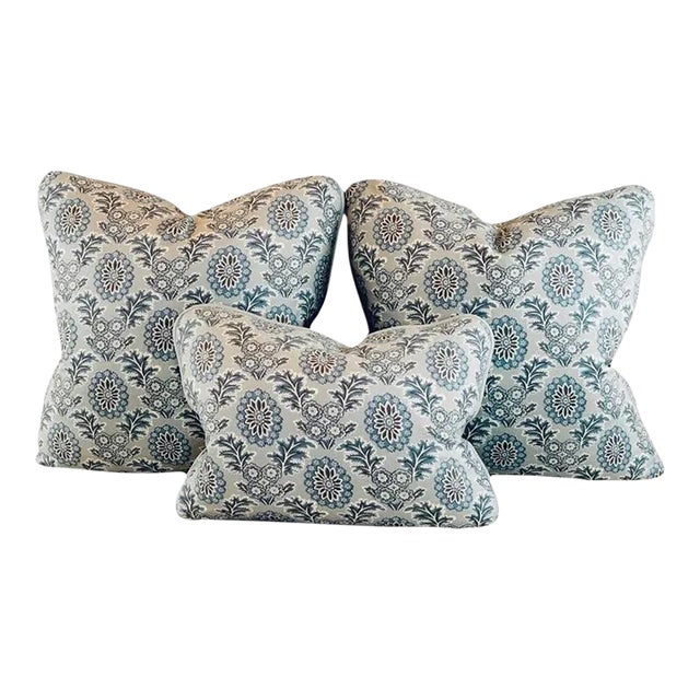 French General Aqua Ciel Blue Cream Gray Boheme Floral French Country Pillow Covers- 3 Pc Set For Sale