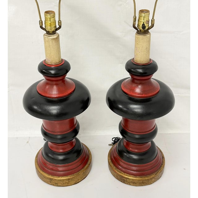 1960s Red Black & Gilt Ceramic Table Lamps, American Modern - a Pair For Sale - Image 10 of 18