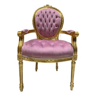 Baroque Pink Velvet Chair With Gold Leaf Details For Sale