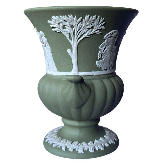 Traditional Vintage Wedgwood Jasperware Pieces — Sage Green With White Relief Collection of Two For Sale - Image 3 of 8