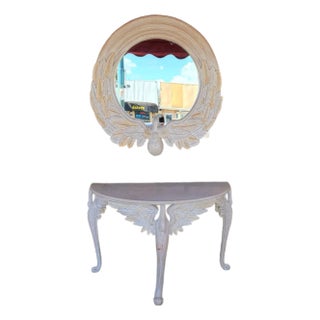 1980s Modern Carved Wood Demi Lune Console Table With Round Wall Mirror For Sale