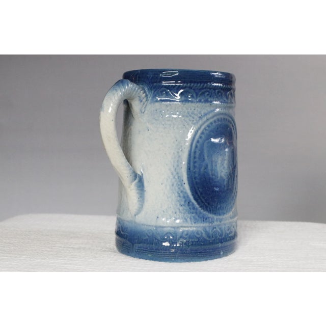 French Country Blue & White Antique 19th Century Stoneware Jug With Embossed Cows For Sale - Image 3 of 12