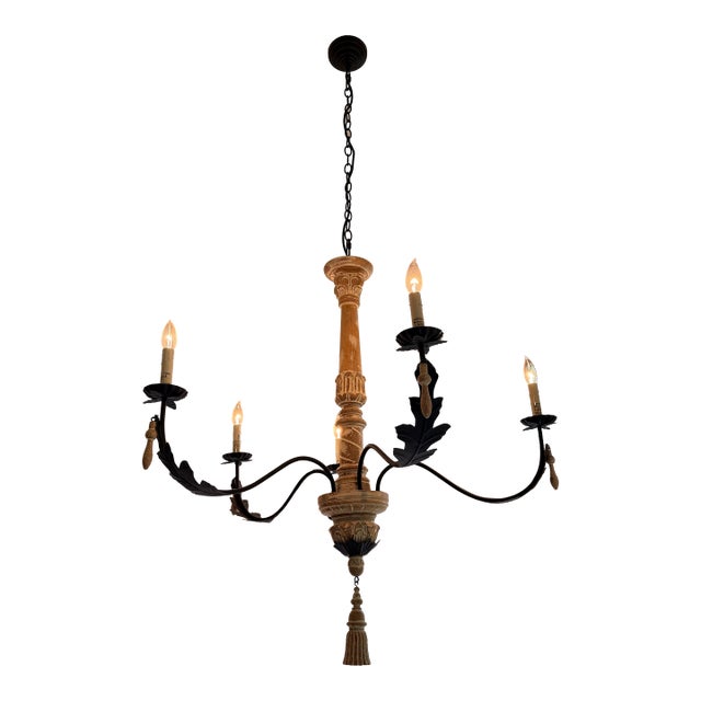Spanish Colonial Style Iron & Carved Wood Five-Light Chandelier For Sale