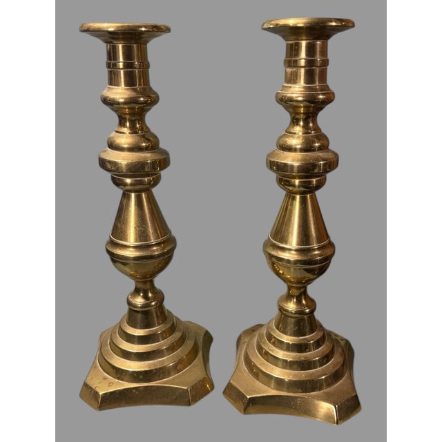 Late 19th Century Pair of 10" Antique English Brass Push Up Candlesticks For Sale - Image 5 of 8
