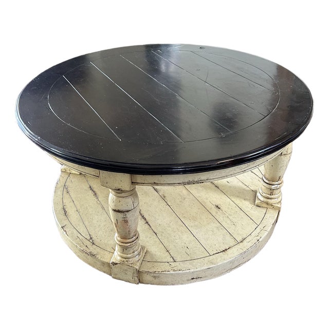 White and Wire Brushed Tobacco Round Coffee Table For Sale