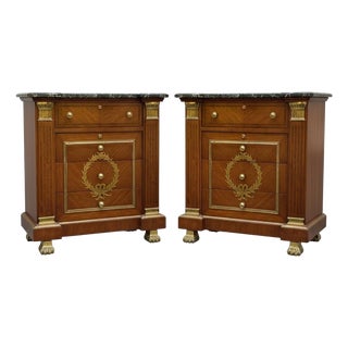 Neo-Classical Style Mahogany & Brass Marble Top Chests Side Tables - Pair For Sale