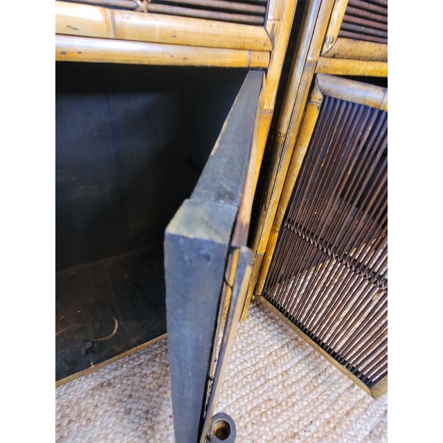 Brown Pair of Vintage Burnt Tortoise Bamboo & Split Reed Cabinets - Late 20th Century Palm Beach Style For Sale - Image 8 of 12