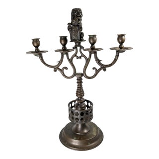 19th Century European Bronze Candlestick With Lion and Amsterdam City Shield For Sale
