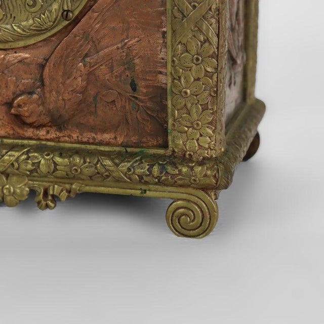 Traditional Aesthetic Mixed Metal Bronze & Copper Figural & Floral Mantle Clock C1880 For Sale - Image 3 of 14