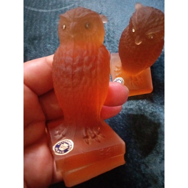 Glass Gorgeous Pair of 1970 Westmoreland Satin Amber Glass Owl Figurines For Sale - Image 7 of 8