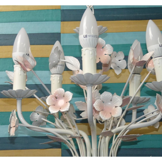 Vintage French Five Candle Chandelier with Pink Flowers by Massive, 1970s For Sale - Image 3 of 11