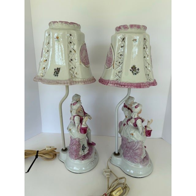 Metal Vintage Rococo Revival Porcelain Figurine Table Lamps – Romantic Couple, Pair For Sale - Image 7 of 10