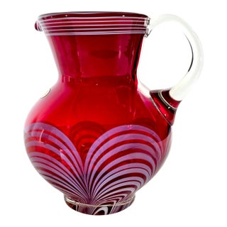 VTG Red Hand Blown Crystal Badash Pulled Feather Drink Pitcher Durand Style 8” For Sale