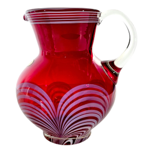 VTG Red Hand Blown Crystal Badash Pulled Feather Drink Pitcher Durand Style 8”