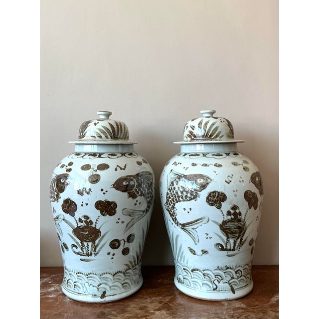 Late 20th Century Vintage Boho Monumental Glazed Ceramic Hand Painted Urns - A Pair For Sale - Image 5 of 5