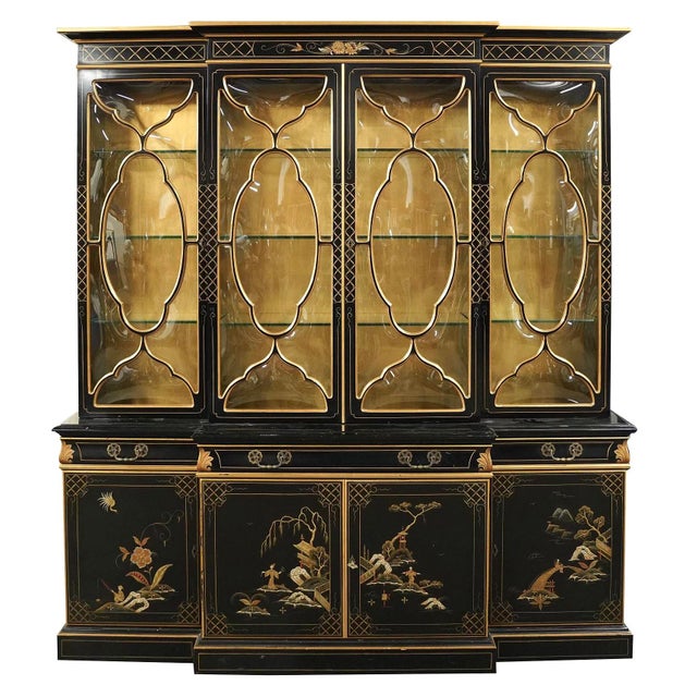 A mid-century custom-made chinoiserie style lighted display breakfront secretary by Karges Furniture with bubble glass...
