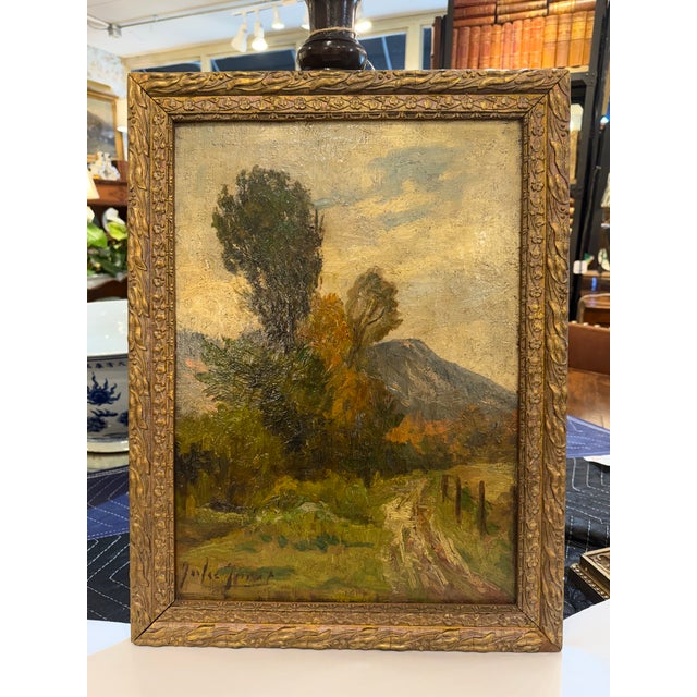 This is a lovely oil on canvas depicting a winding dirt path through trees toward distant mountains. It has bold...