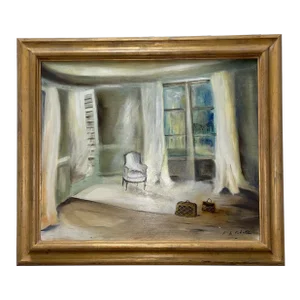 Early 20th Century French Oil Painting “Bientot De Retour, Gone for Awhile” Interior Scene in Gold Wood Frame, Signed