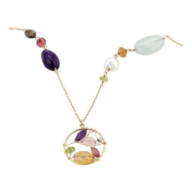 Mid 20th Century Tous Garabato Multi Gemstone & Pearls 18k Yellow Gold Long 26" Necklace For Sale