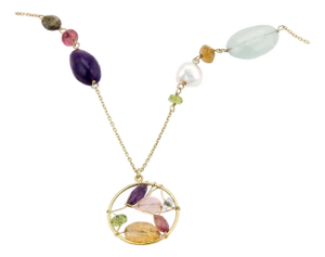 Mid 20th Century Tous Garabato Multi Gemstone & Pearls 18k Yellow Gold Long 26" Necklace