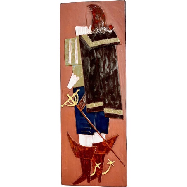 Brown Czech Ceramic Relief Tile with Musketeer from Keramo Vršovice, 1960s For Sale - Image 8 of 8
