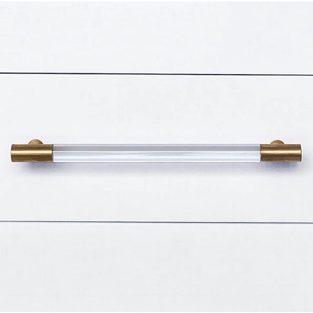 Not Yet Made - Made To Order Matthew Izzo Home Amber White Linen Side Table With Acrylic and Antique Brass Drawer Pulls For Sale - Image 5 of 8