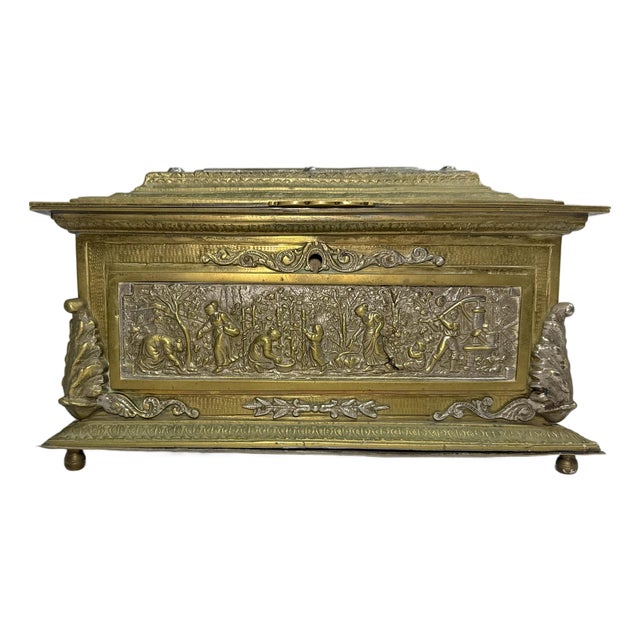 Large Antique Spanish Baroque 2 Tone Heavy Brass Ornate Dresser Casket Desk Box For Sale