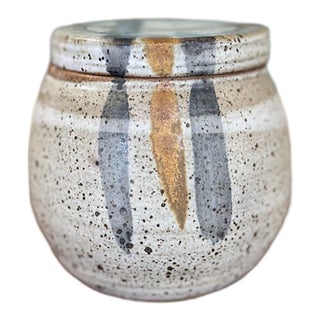 Signed 1978 Studio Pottery Jar by Alice - Hand-Thrown Speckled Stoneware With Painted Lid and Cobalt Glazed Interior. For Sale
